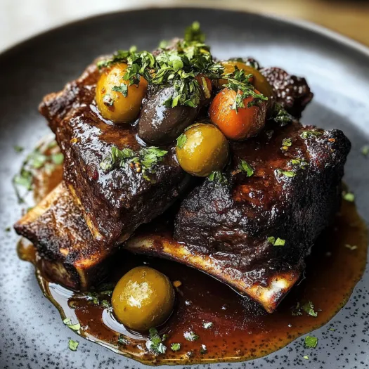 A plate of meat with olives and carrots.