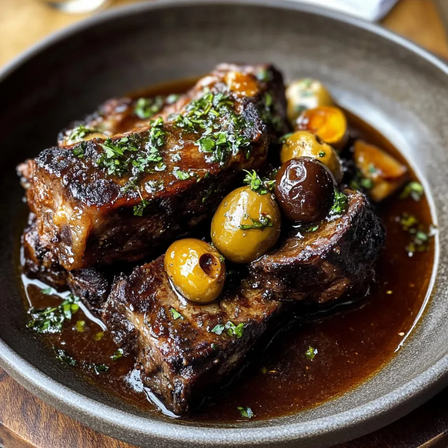 A plate of meat with olives and mushrooms.