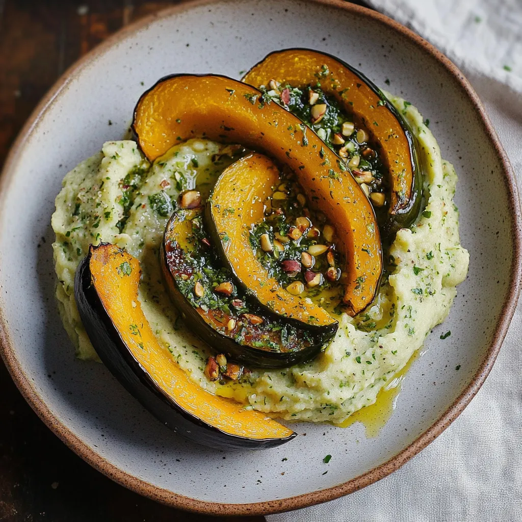 A plate of food with a slice of squash and a dollop of sauce.