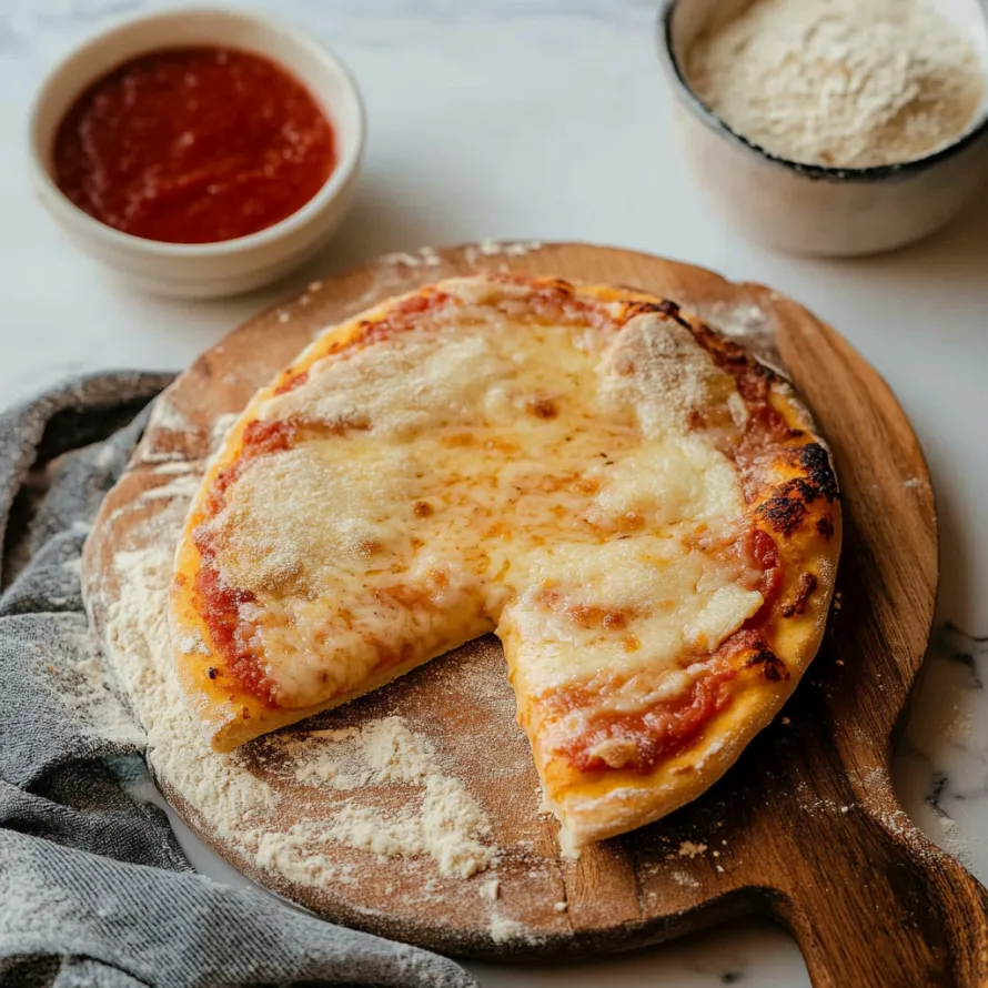 A slice of pizza on a wooden board.