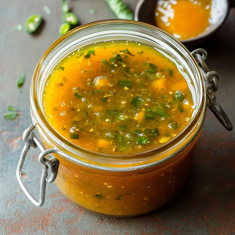 A jar of sauce with a green herb in it.