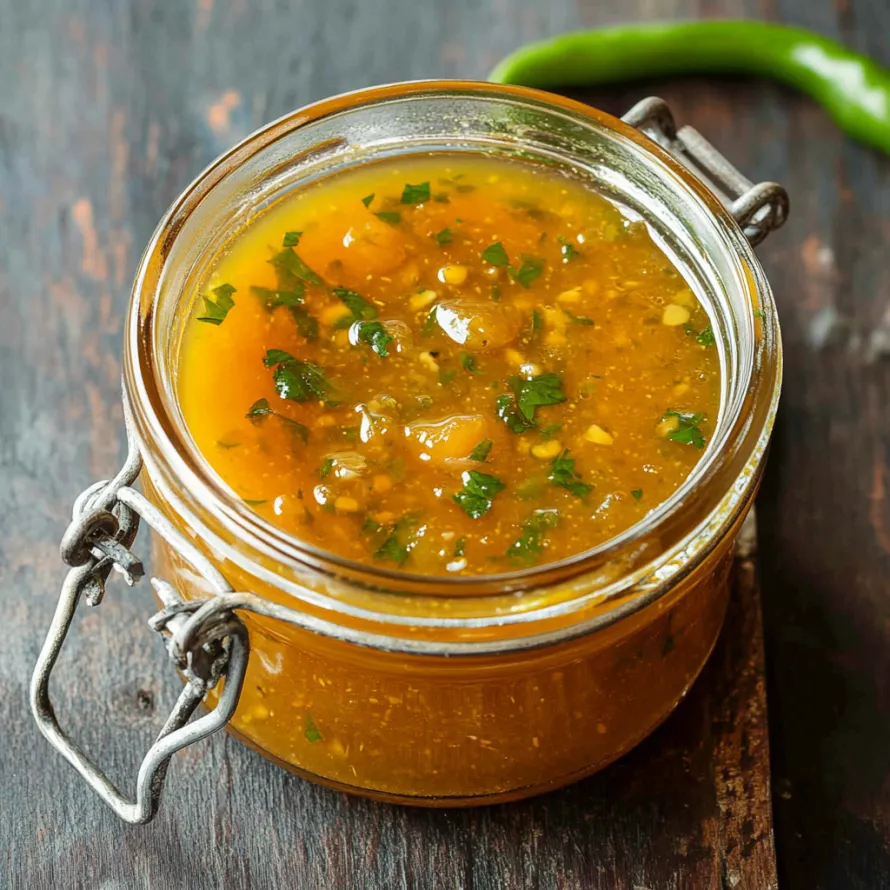 A jar of sauce with green peppers and herbs.