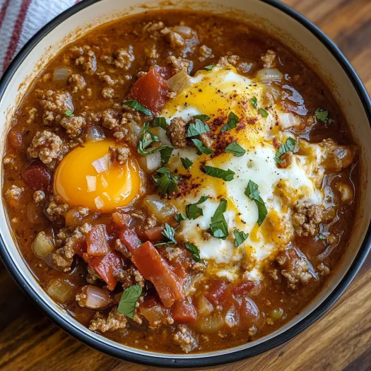 A bowl of chili with a fried egg on top.