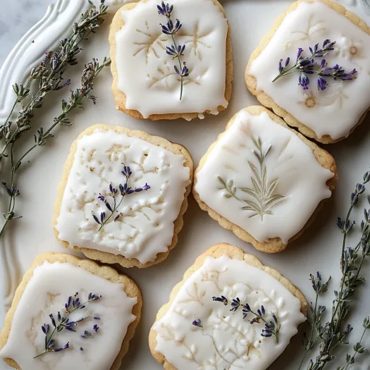 A plate of cookies with purple flowers on them.