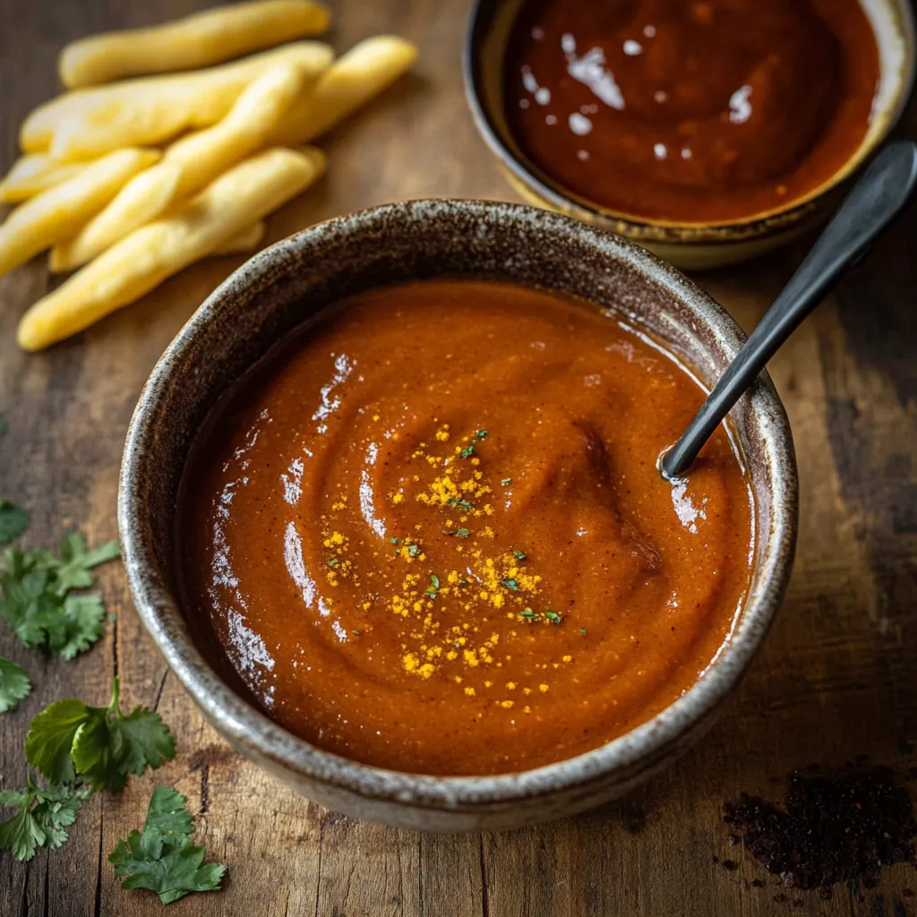 A bowl of soup with a spoon in it.