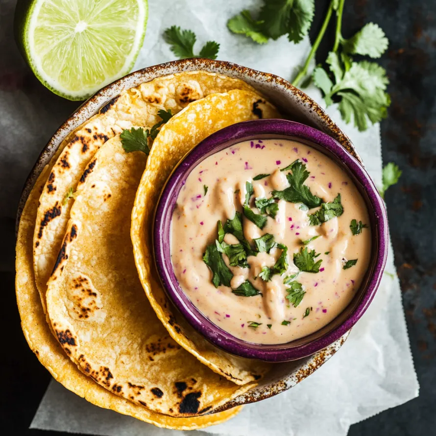 A bowl of dip with a spoon and a lime wedge.