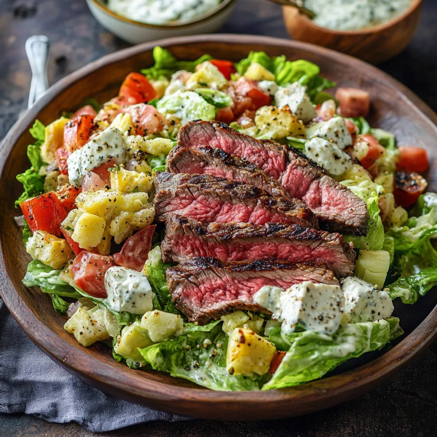 A plate of food with a steak and salad.