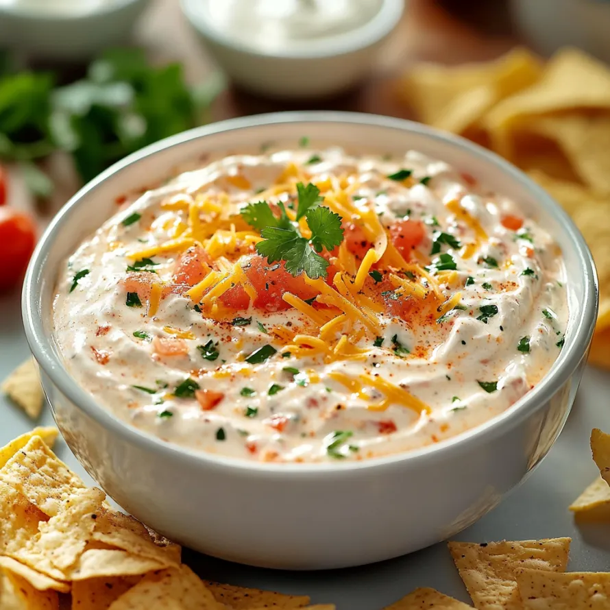 A bowl of dip with chips and tomatoes.