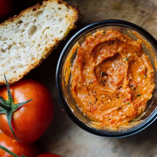 A glass bowl of red sauce with a loaf of bread.