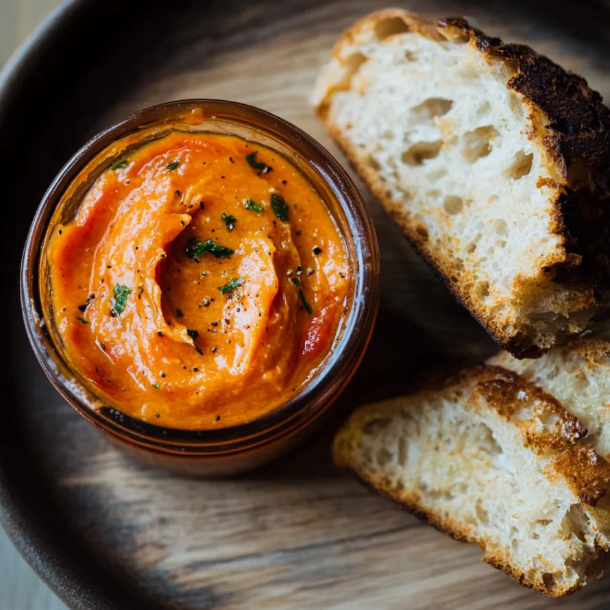 A jar of red sauce with a slice of bread.