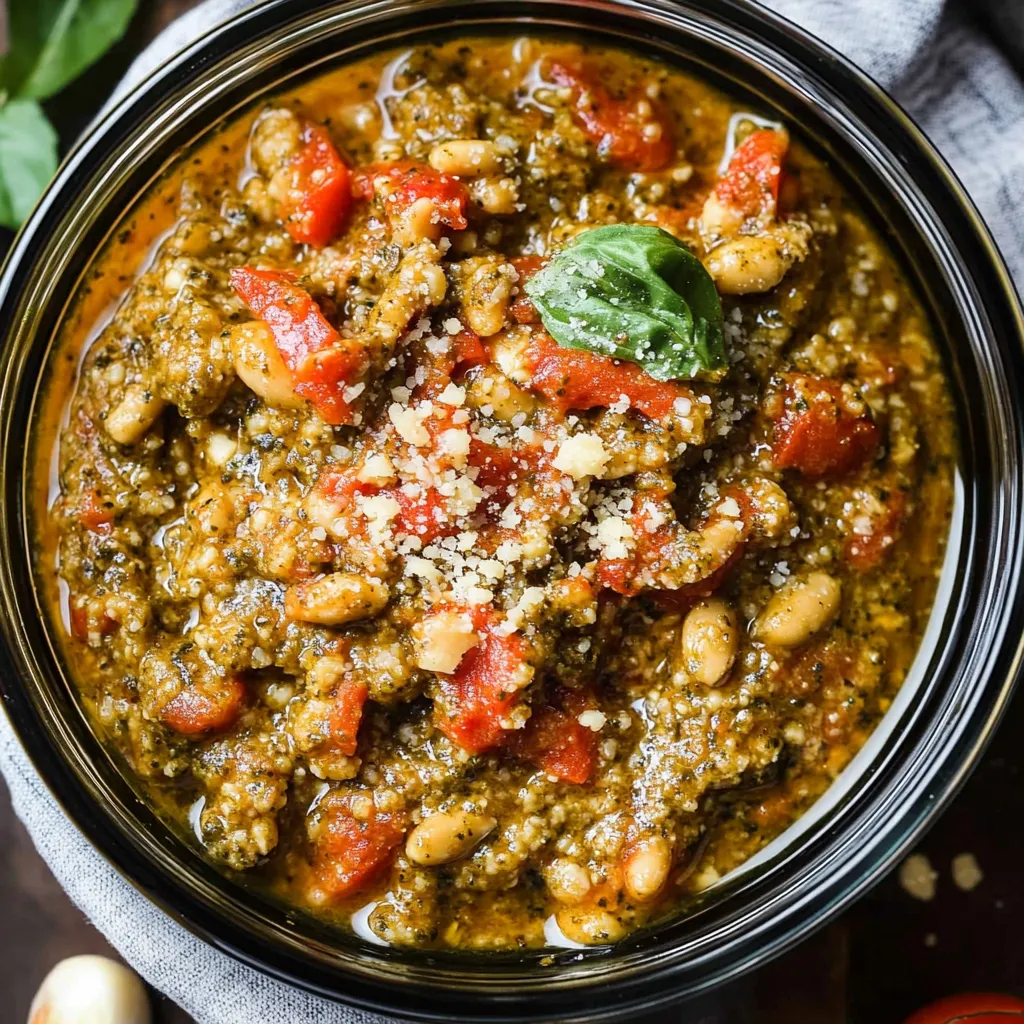 A bowl of soup with tomatoes and beans.