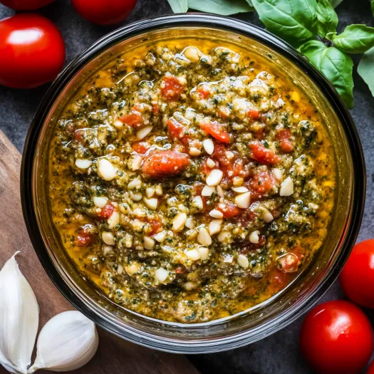 A bowl of food with tomatoes and basil.