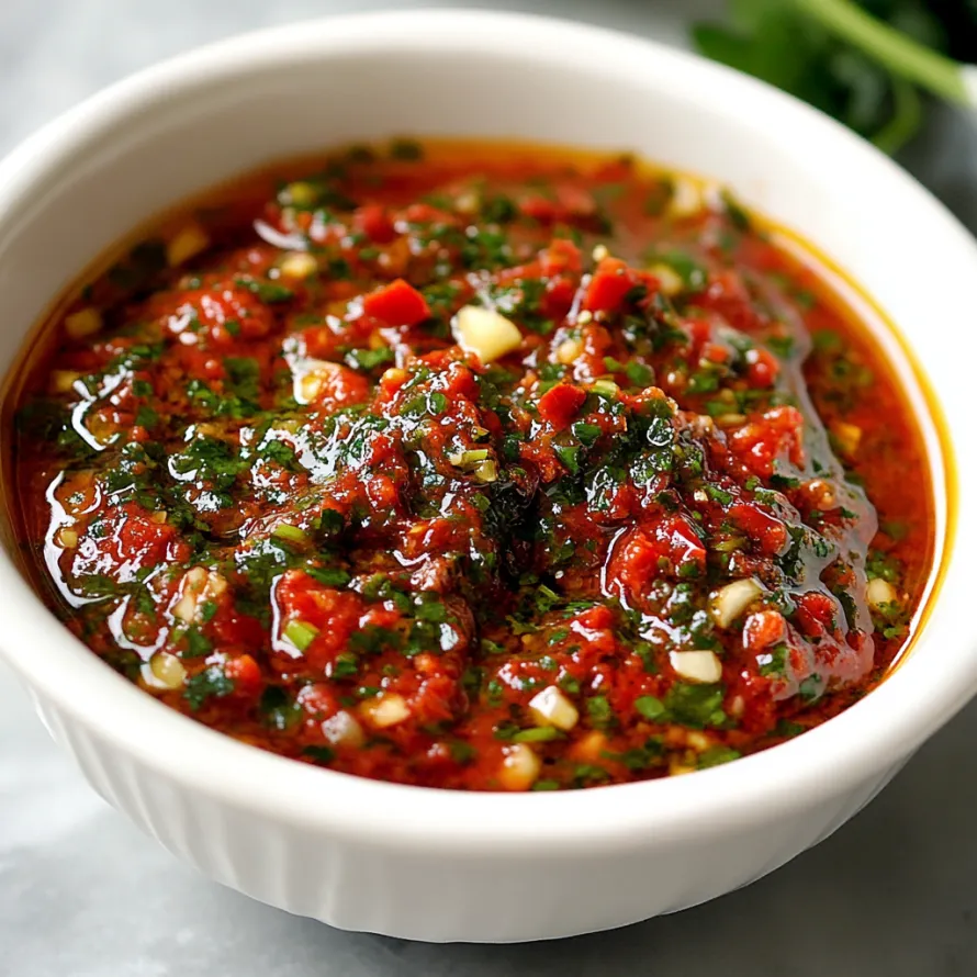 A bowl of red sauce with green toppings.