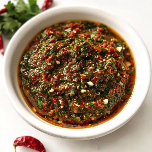 A bowl of red sauce with green spices.