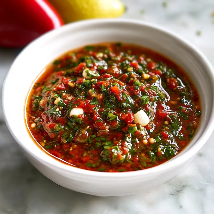 A bowl of red sauce with a lemon on top.