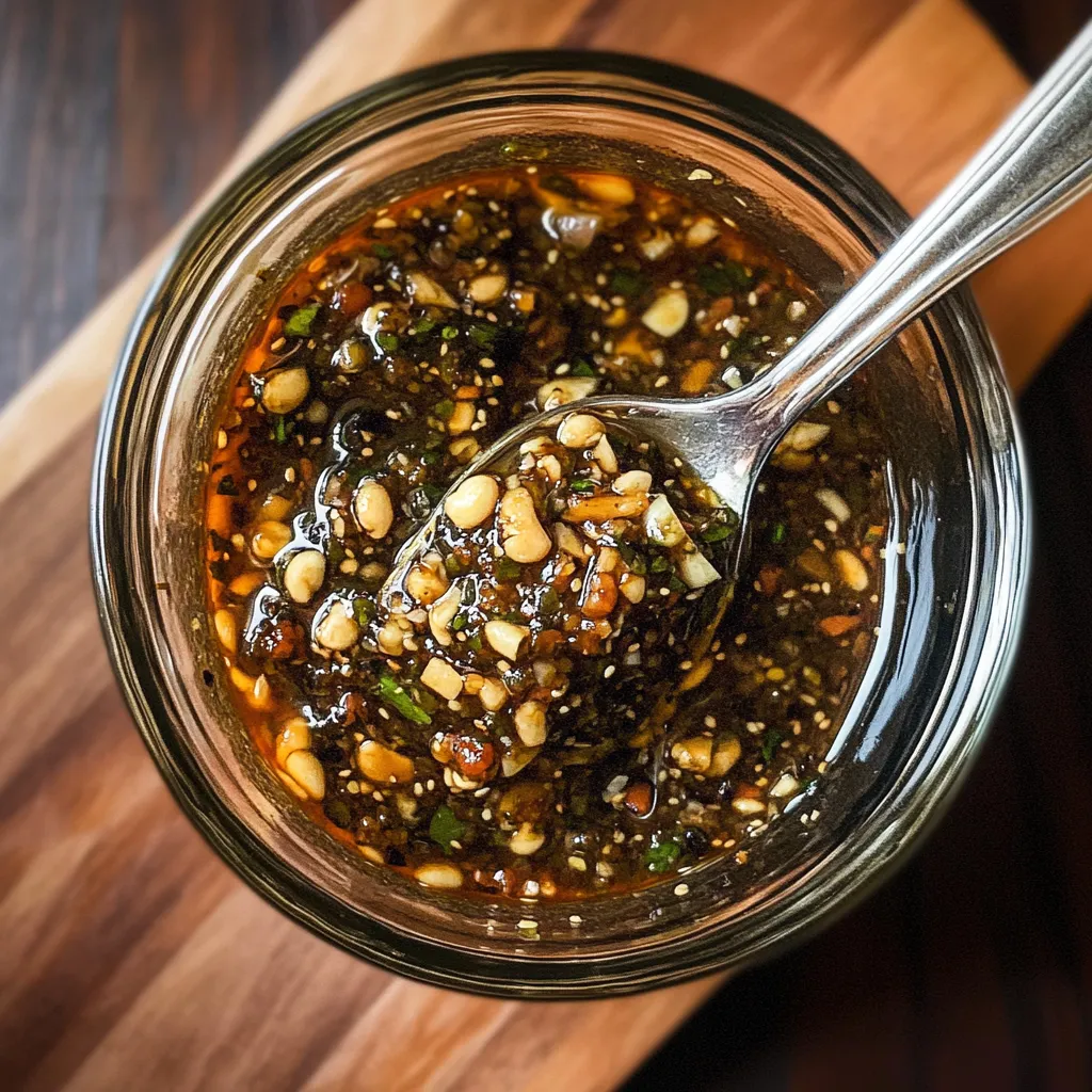 A spoon in a jar of sauce.