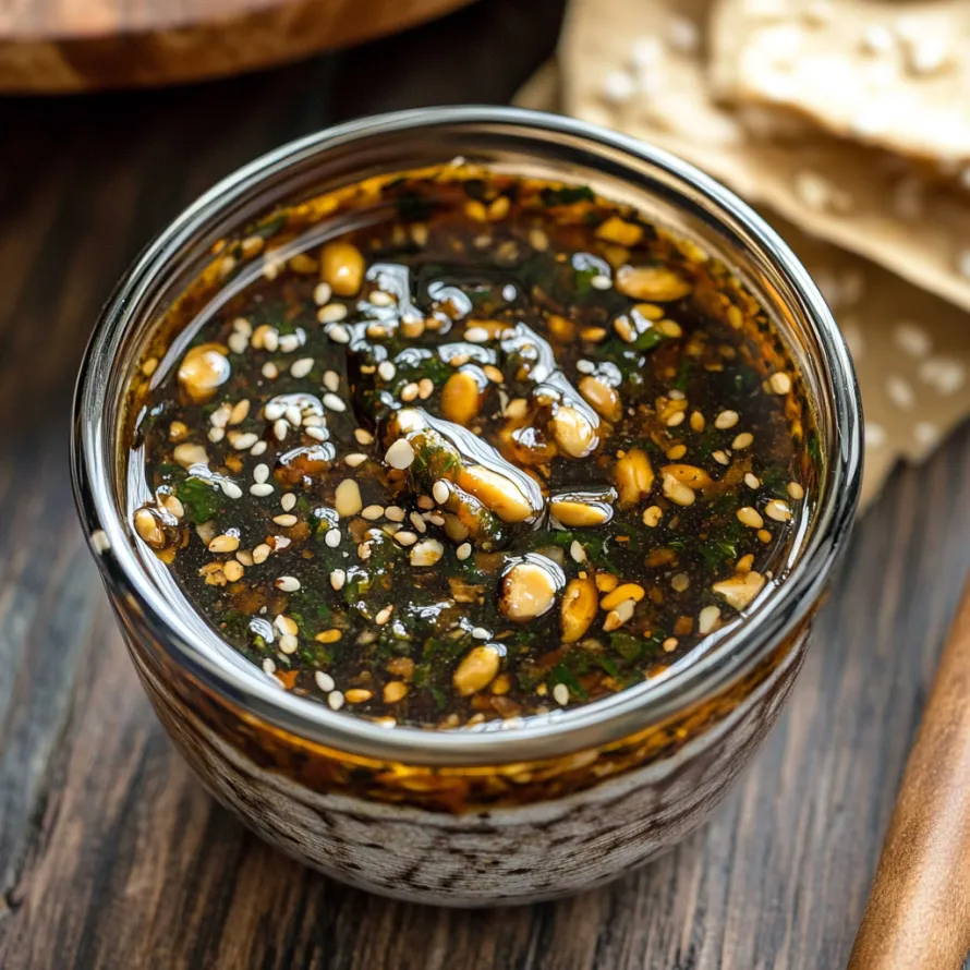 A jar of sauce with a wooden spoon.