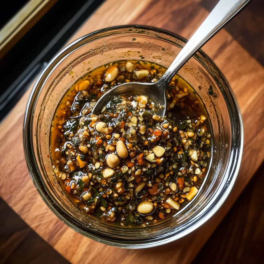 A spoon in a glass jar of food.