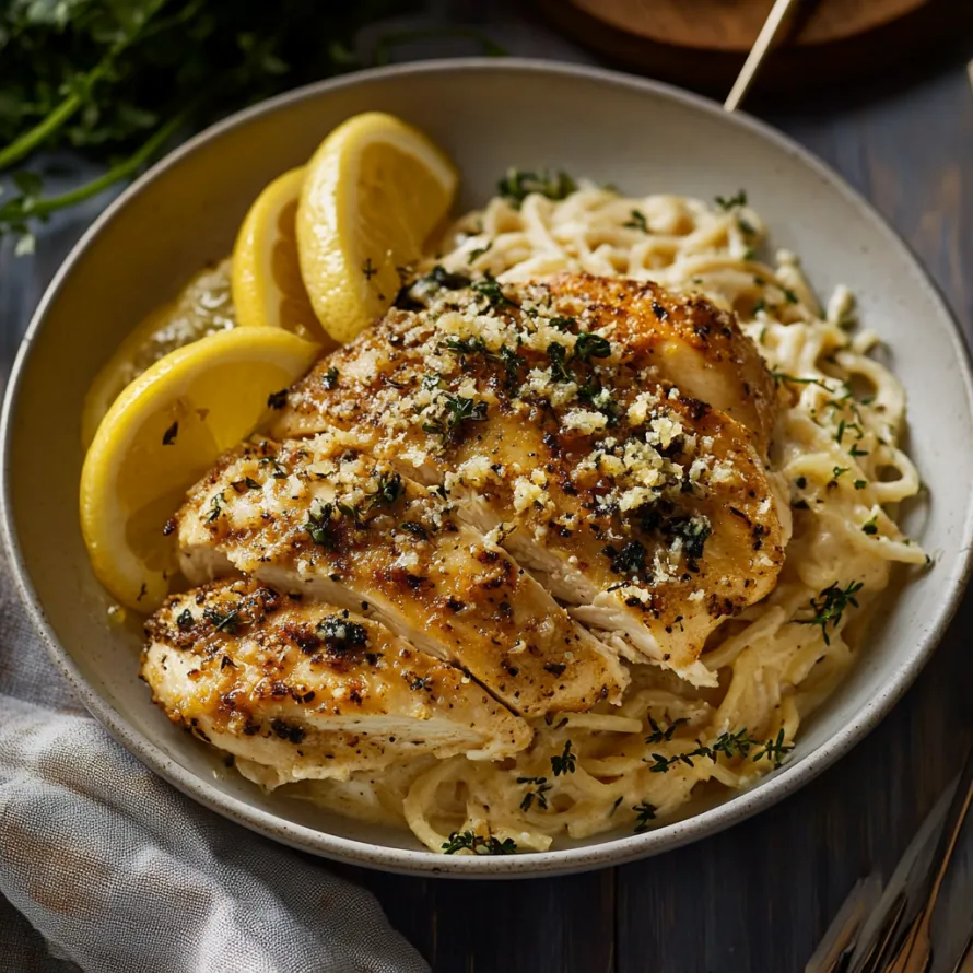 A bowl of pasta with chicken and lemon.