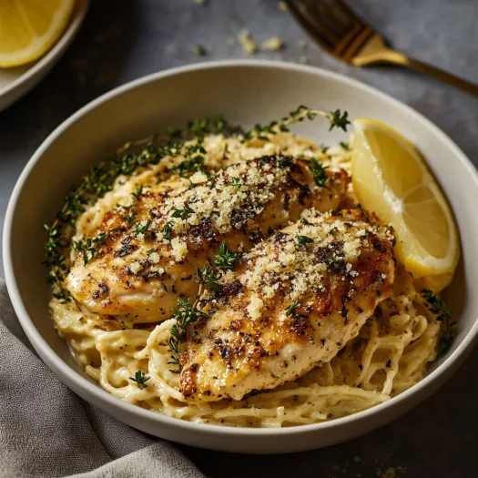A bowl of pasta with chicken and lemon wedges.
