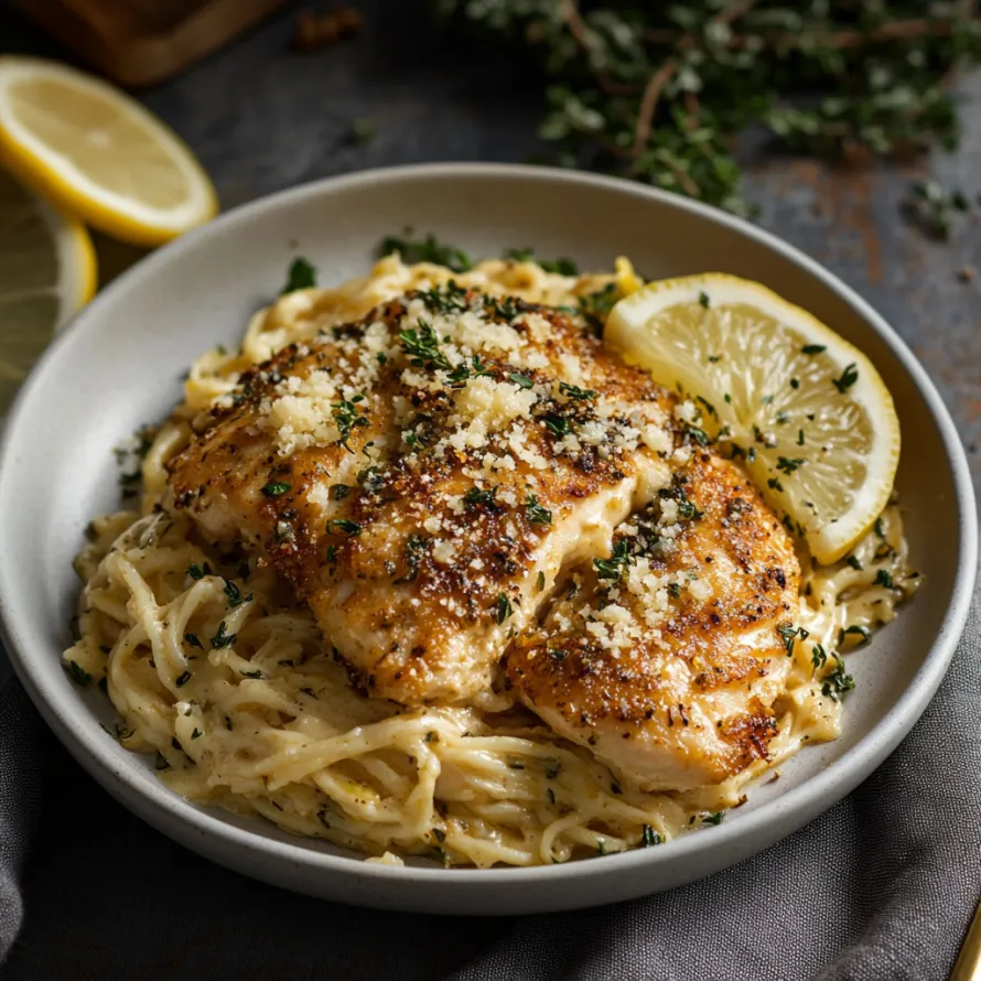A plate of food with chicken and pasta.