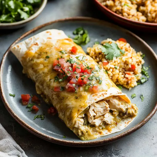 A plate of food with a burrito and rice.