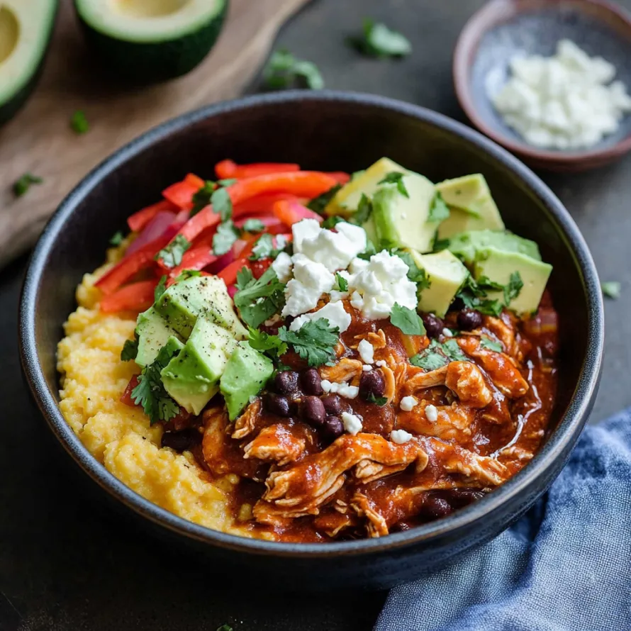 A bowl of food with chicken, beans, and avocado.