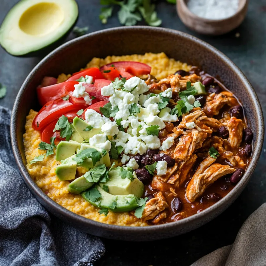 A bowl of food with chicken, beans, tomatoes, and avocado.