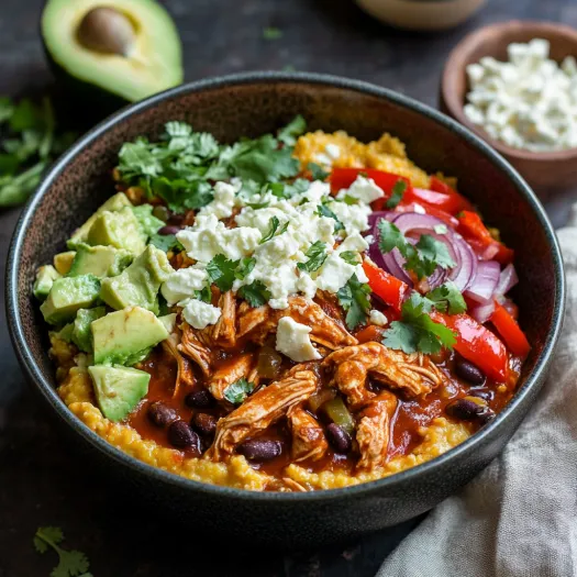 A bowl of food with chicken, beans, tomatoes, onions, and avocado.