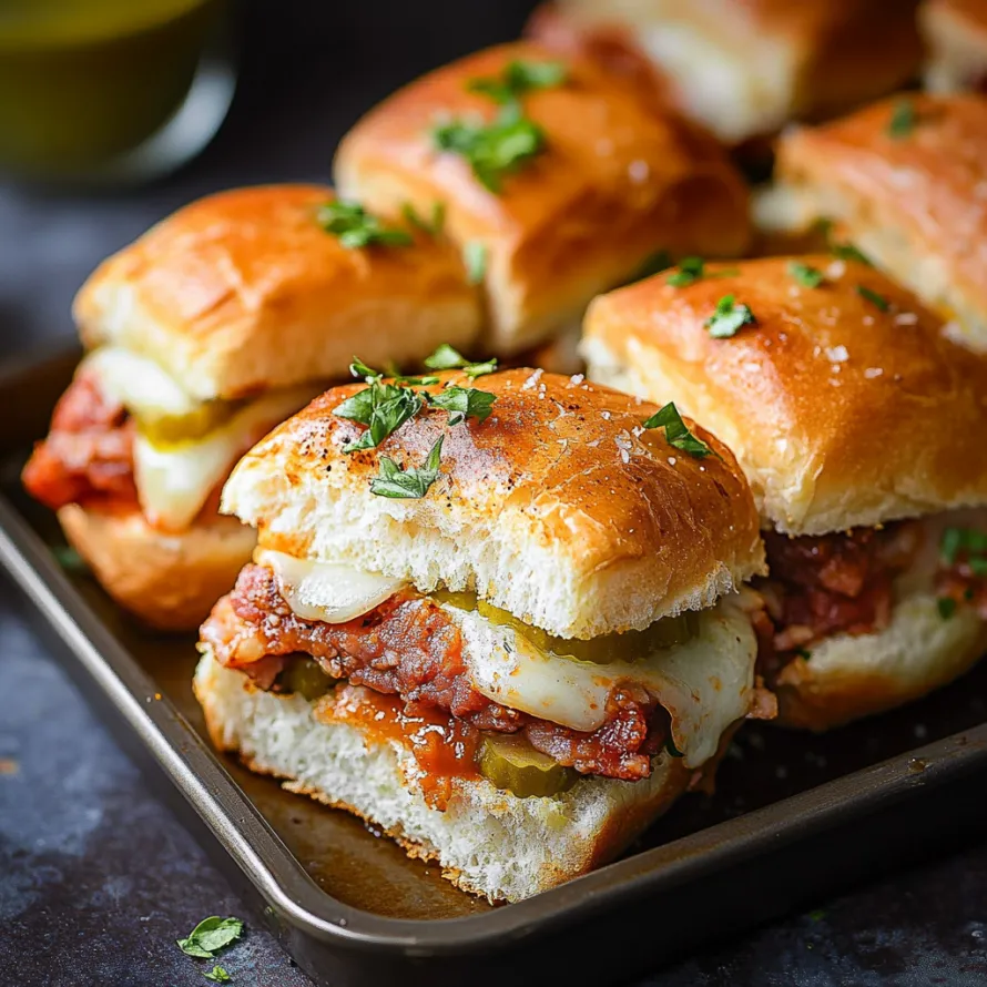 A tray of sandwiches with pickles and cheese.