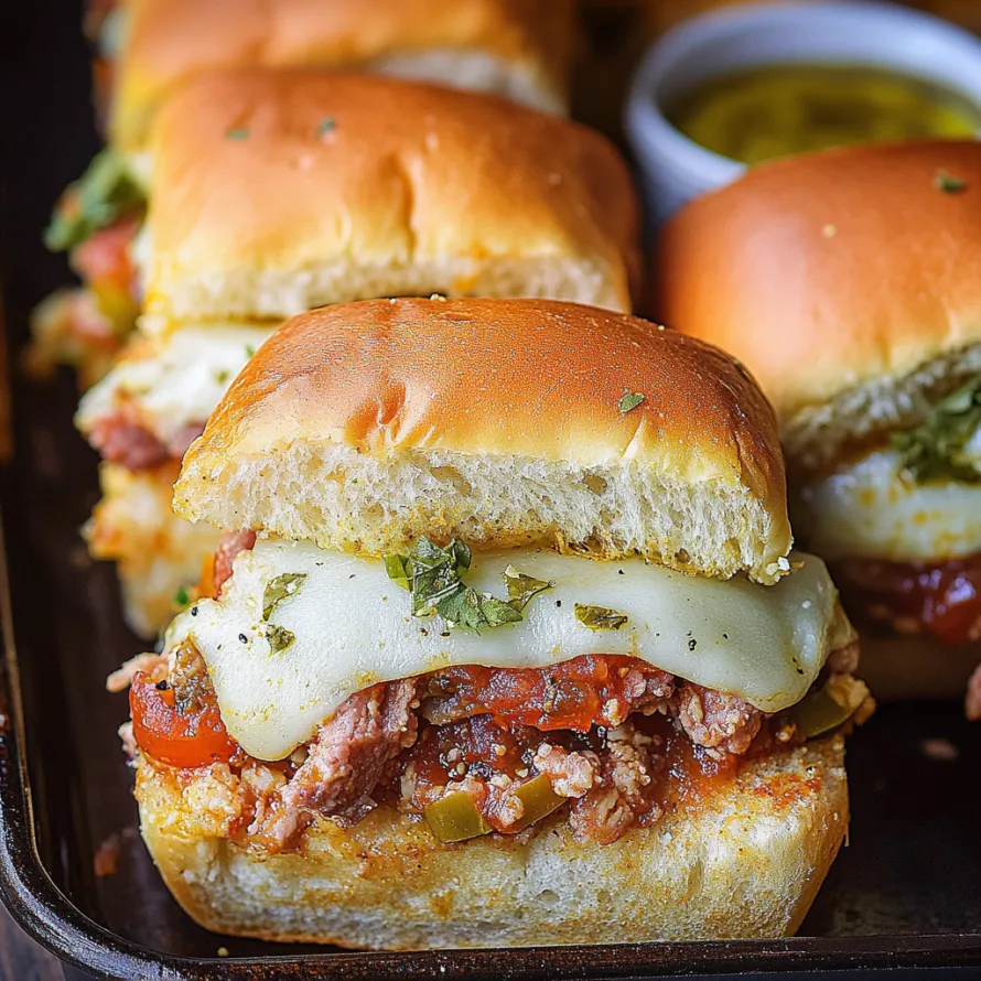 A tray of sandwiches with meat and cheese.