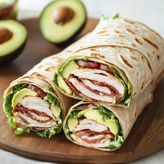 A sandwich with chicken, bacon, lettuce and avocado.