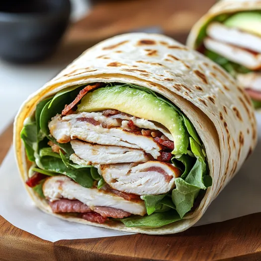 A burrito with chicken, lettuce, and avocado.