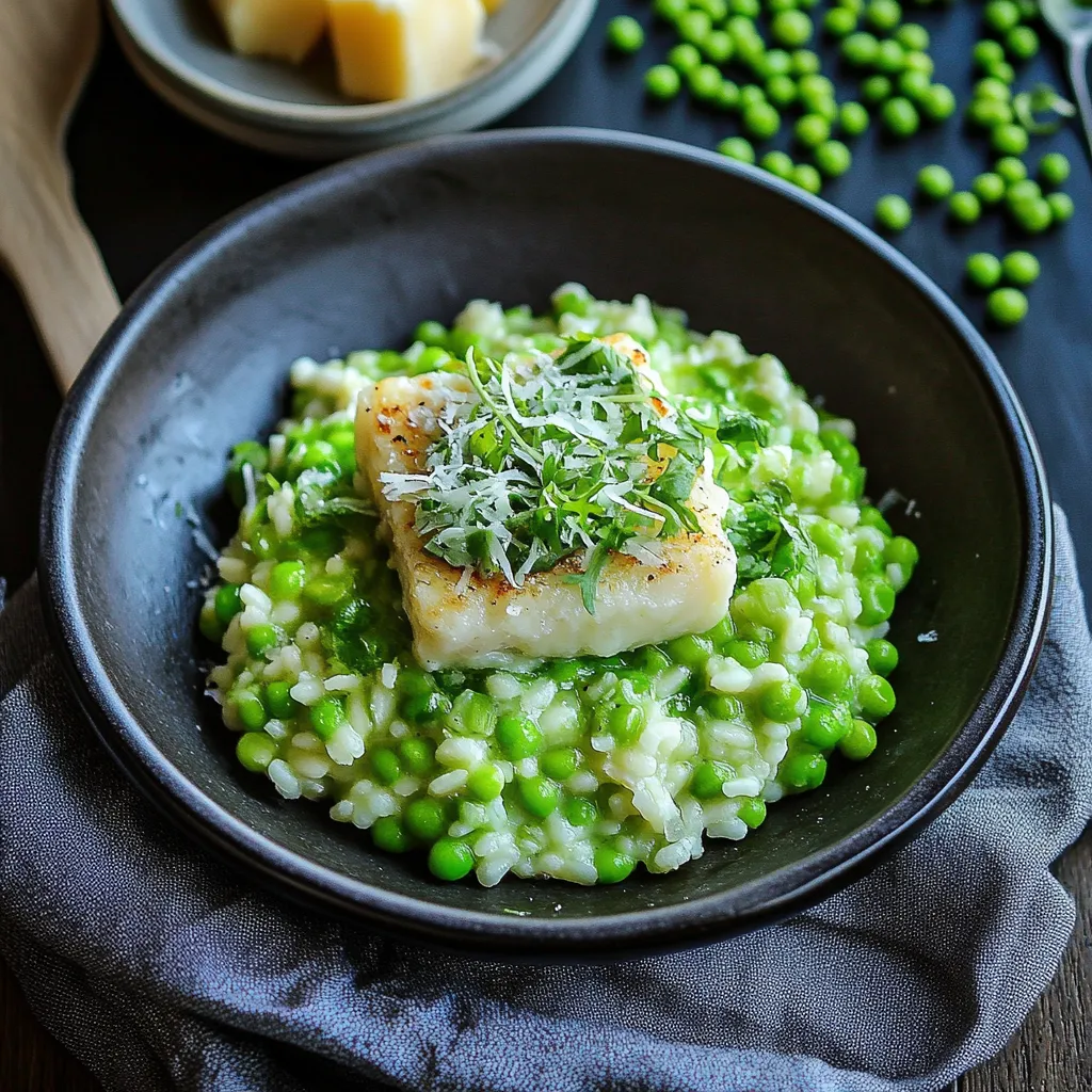 A bowl of food with peas and fish.
