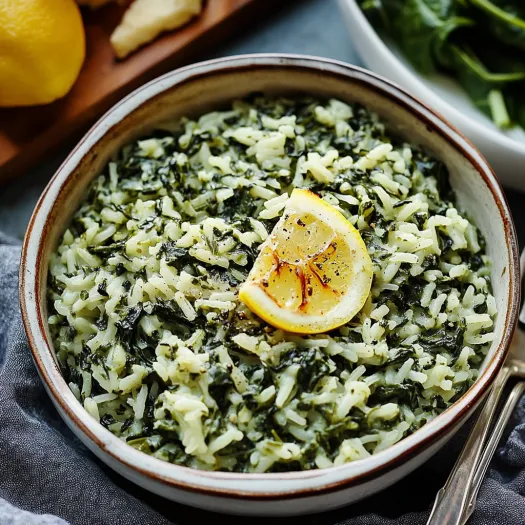 A bowl of rice with a lemon wedge on top.