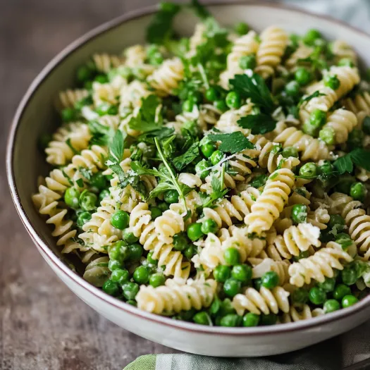 A bowl of pasta with peas and herbs.