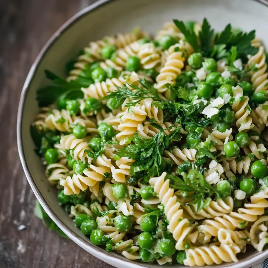 A bowl of pasta with peas and herbs.