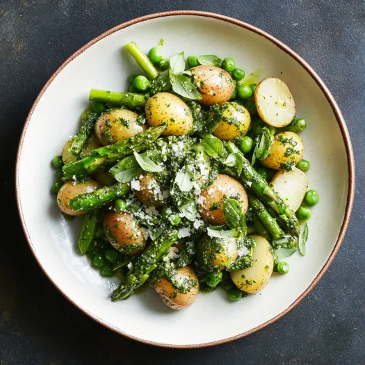 A plate of food with potatoes, peas, and asparagus.