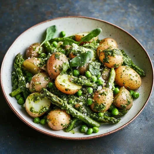 A bowl of vegetables including potatoes, peas, and green beans.