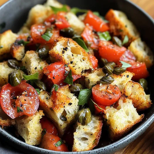 A bowl of food with bread and tomatoes.
