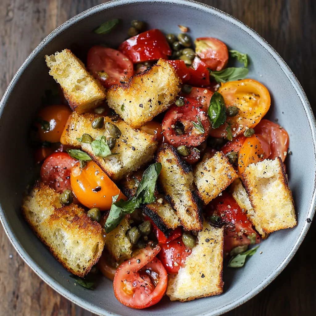 A bowl of food with tomatoes, bread, and basil.