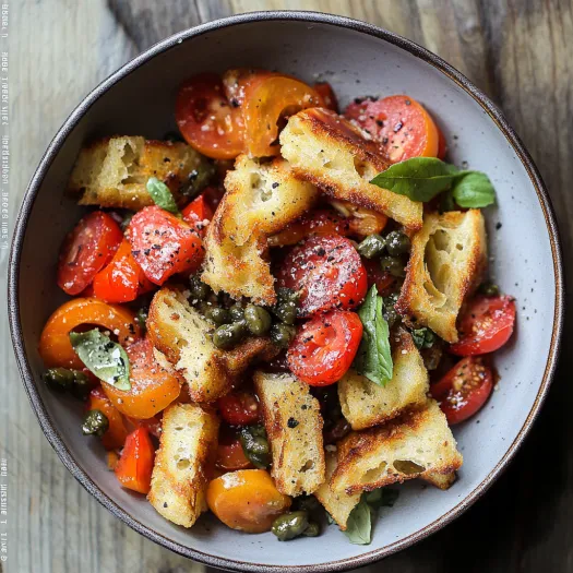 A bowl of food with tomatoes, bread, and basil.