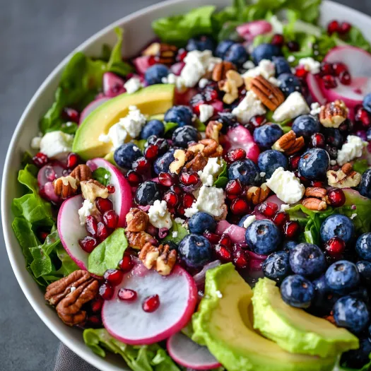 A bowl of salad with blueberries, avocado, and walnuts.