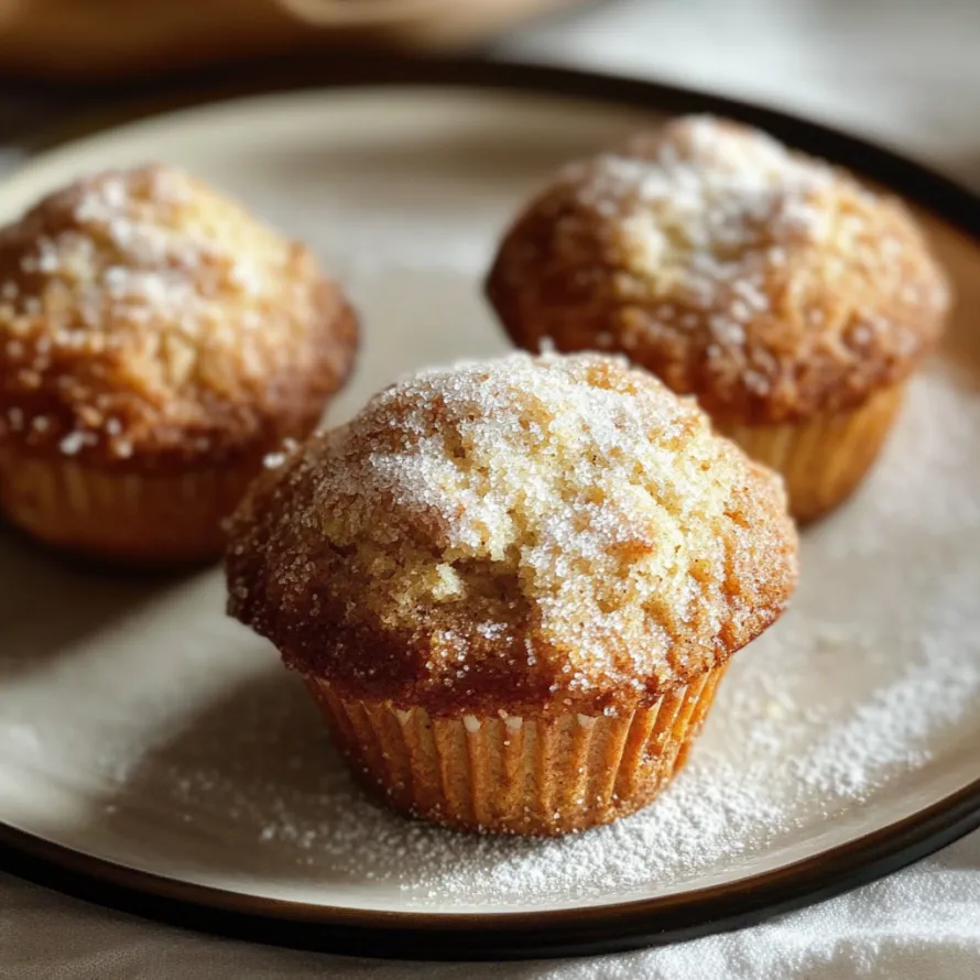 A plate of muffins with powdered sugar on top.