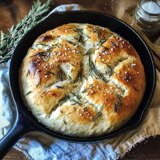 A loaf of bread with herbs in a pan.