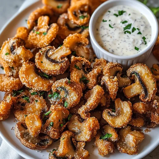A plate of fried mushrooms with a bowl of dipping sauce.
