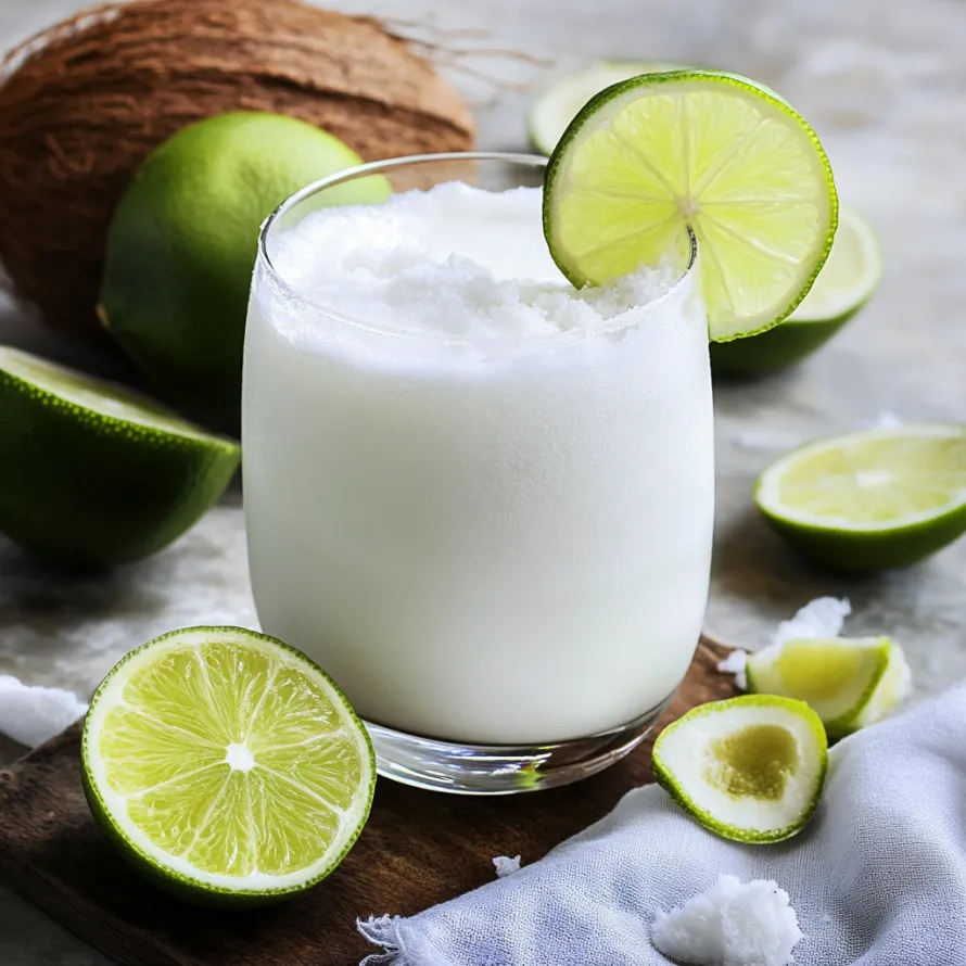A glass of white drink with lime slices.