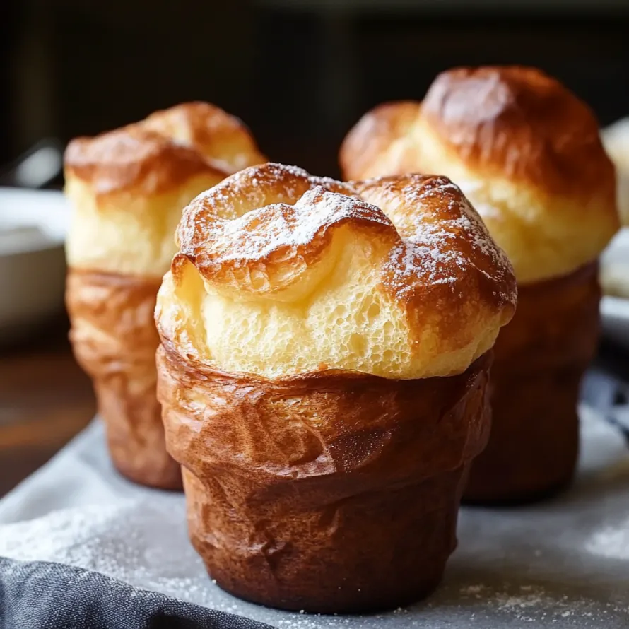 Three muffins with powdered sugar on top.