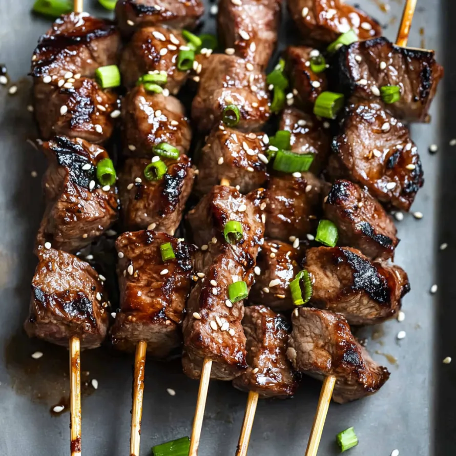 A plate of meat skewers with green onions.