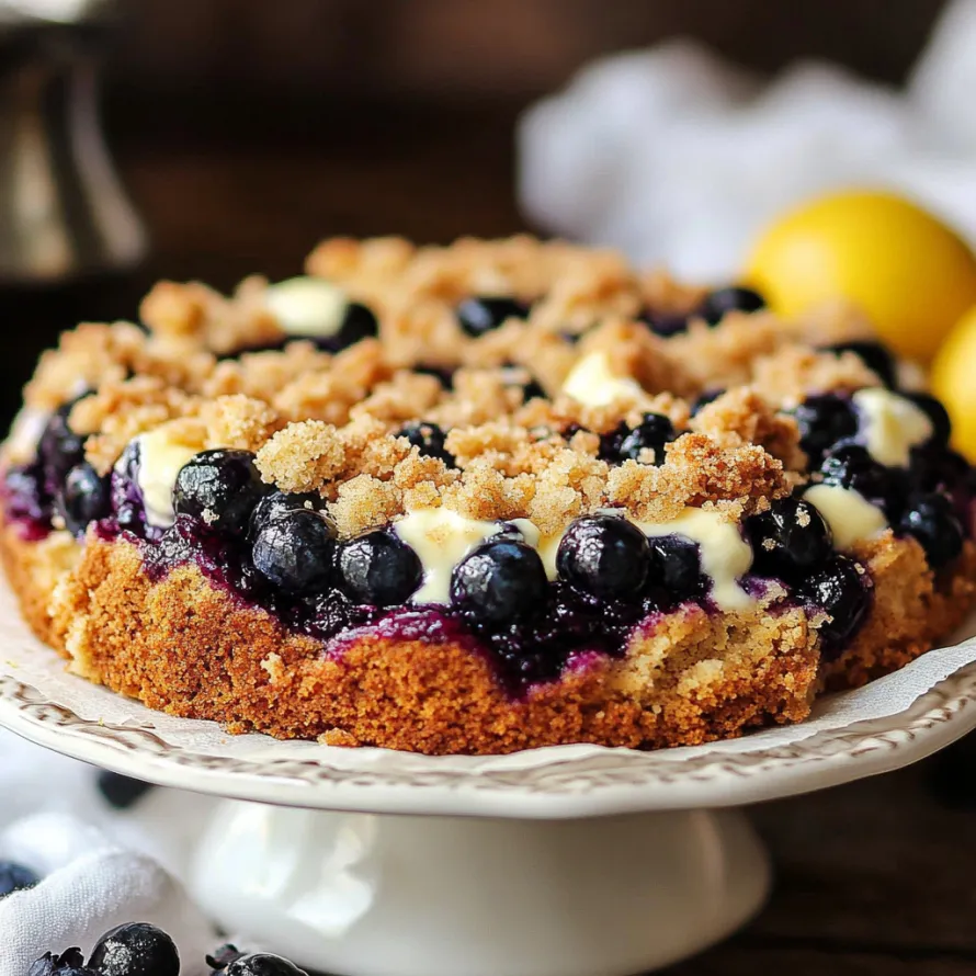 A cake with blueberries and lemon on top.